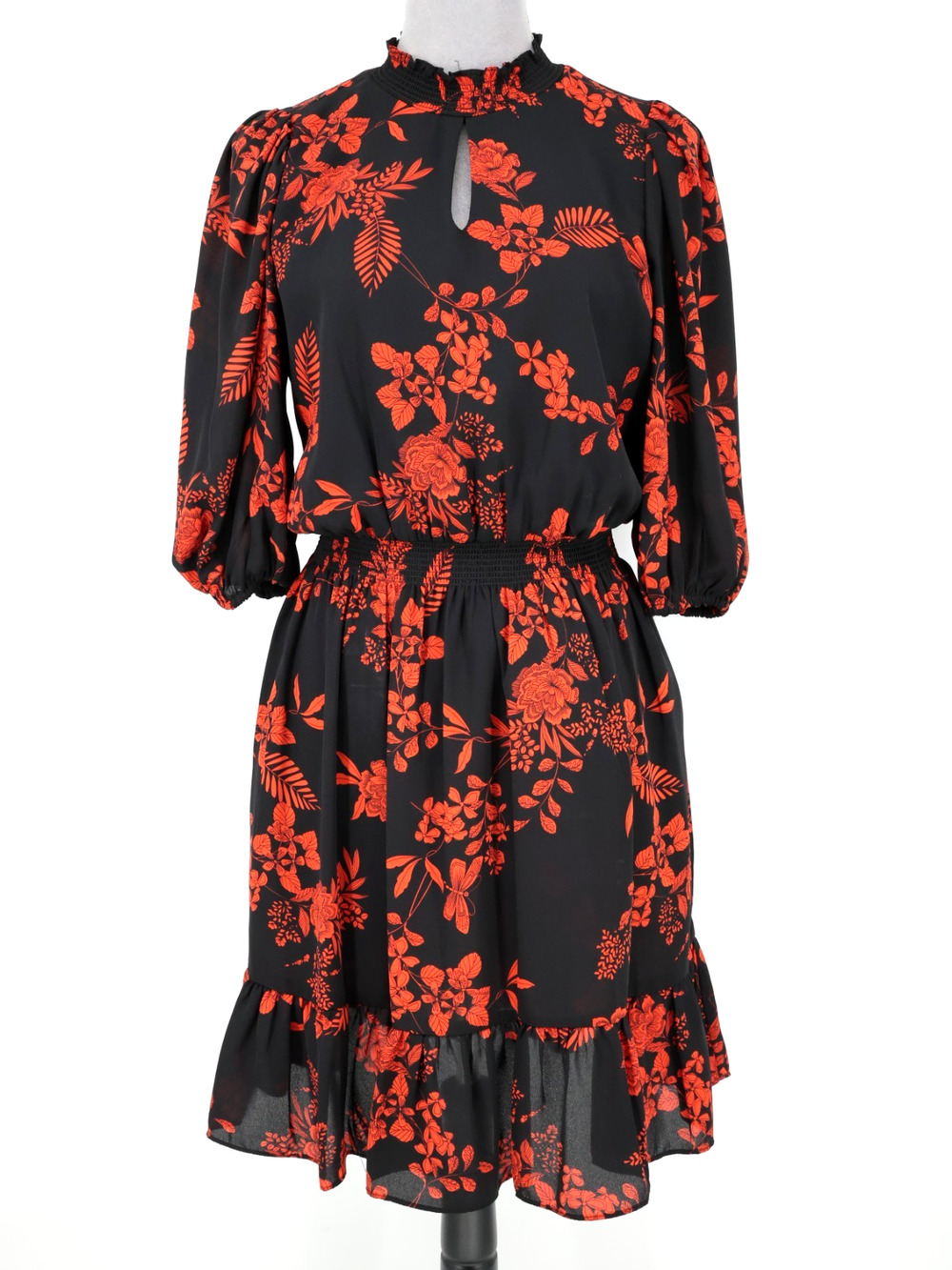 Nanette Lepore Dress Womens 6 Black Red Floral Chiffon Mock Neck Pullover Lined